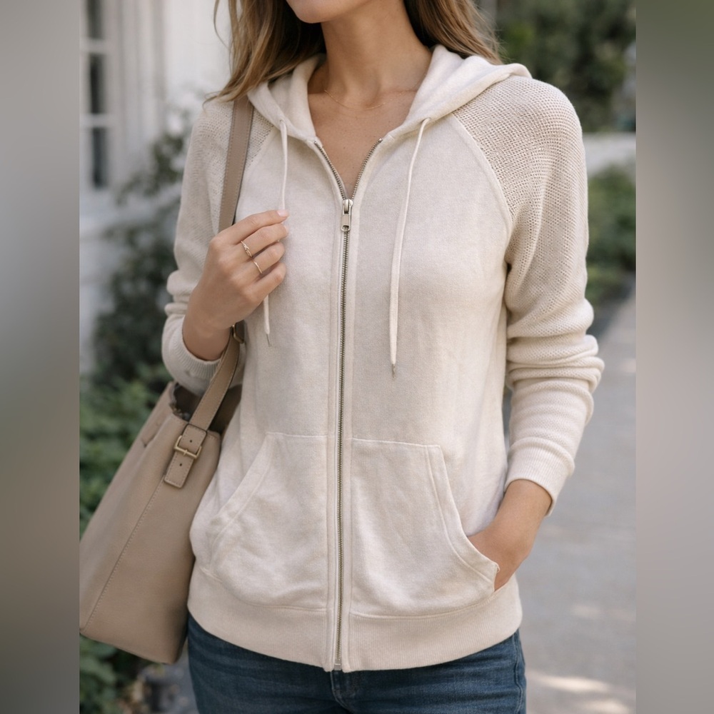 Ralph Lauren Black Label Cashmere Silk Zip Up Hoodie Jacket Cream Size S